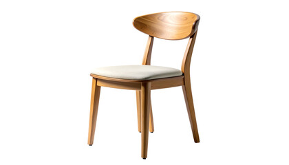 Wooden chair with curved back, cream cushion, legs, and a shadow against a black background