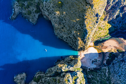 Aerial View of Torrent de Pareis Gorge and Sa Calobra Beach at the River Mouth, Mallorca