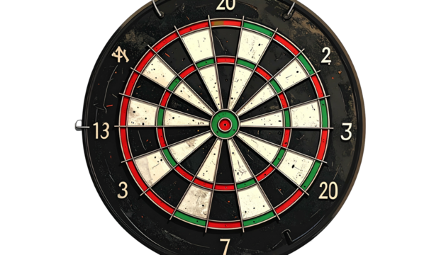 A circular dartboard with black, white, red, and green segments, numbers around its edge