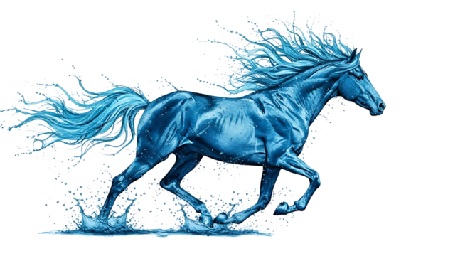 A majestic horse formed from water, galloping with power and grace, symbolizing freedom and fluidity isolated on transparent background