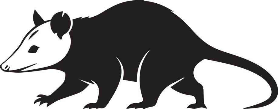 Simple silhouette of an opossum walking side profile isolated on white