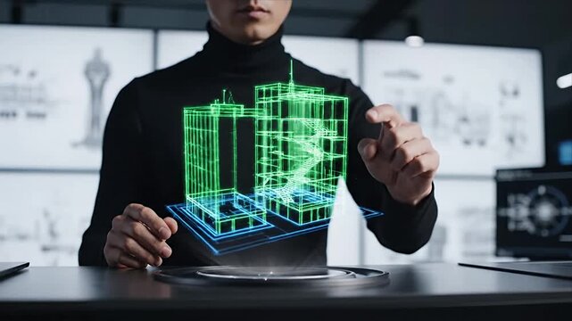 Professional Interacting with Futuristic Holographic 3D Building Model for Architectural Design and Urban Planning High-Tech Data Visualization and Smart City