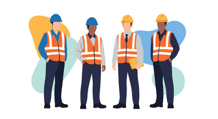 Construction workers in safety vests and hard hats standing together.