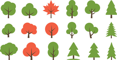 Collection of colorful tree icons with green and orange foliage, simple flat design forest elements, nature symbol illustration on white background