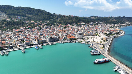Obraz premium Aerial drone photo of iconic picturesque main town of Zakithnos island featuring Dionisio's Solomos square, Ionian, Greece