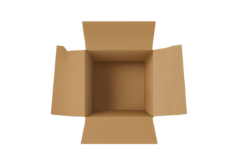 Empty open cardboard box with unfolded flaps on transparent background