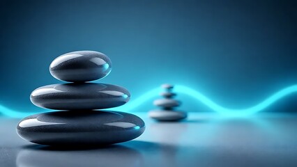 Obraz premium Smooth Zen stones stacked with a soft blue glow in the middle , balance between technology and mindfulness.