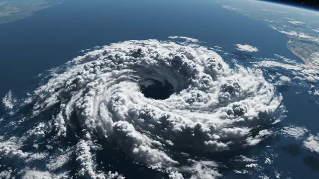 Satellite-style cyclone of sculpted clouds spins over a blank ocean map; gentle orbital drift, soft volumetric feel; seamless loop as the eye completes a rotation — generative AI - Powered by Adobe