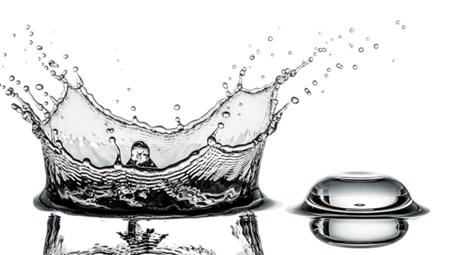 Water crown splash with droplet isolated on transparent background, showcasing the beauty and dynamics of liquid motion in a minimalist composition