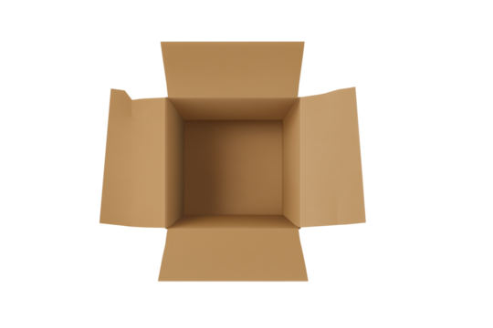 Empty open cardboard box with unfolded flaps on transparent background