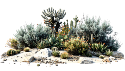 Desert xeriscape garden with diverse cacti and succulents on white sand and rocks