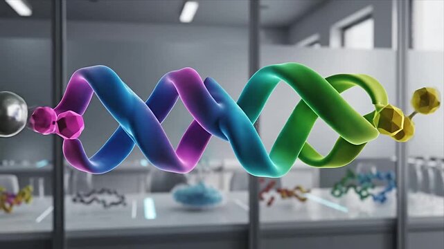 Dynamic 3D render of a colorful double helix structure representing molecular science or data flow with particle interaction and evolving forms in a high-tech