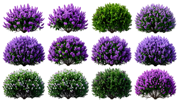 Twelve colorful, round bushes with varying foliage colors on a dark background