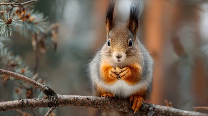 Fototapeta premium Alert Eurasian red squirrel with tufted ears sits perched upon a rough tree branch in a forest setting