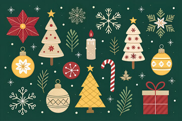 Festive christmas ornament collection featuring trees snowflakes baubles and gifts