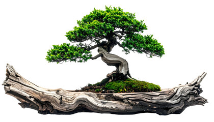 Small, expertly sculpted bonsai tree with vibrant green foliage atop weathered, textured wood
