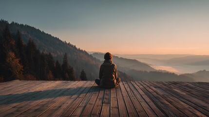 Obraz premium Person sits in meditation pose overlooking misty mountainous landscape during sunrise