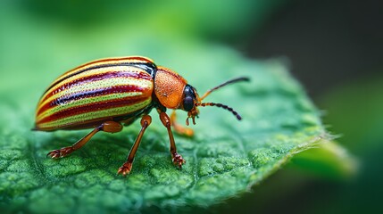 Naklejka premium Striped insect rests upon the textured surface of a vibrant green leaf