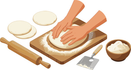 Hands kneading bread dough on wooden board with flour bowl and rolling pin, bakery preparation process illustration, homemade cooking concept