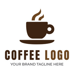 Brown coffee cup with steam and text logo saucer
