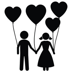 couple heart balloons silhouette Valentine’s Day vector icon