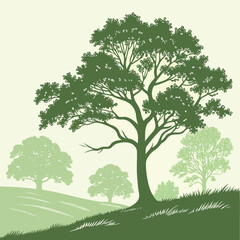 Obraz premium Scenic landscape featuring stylized silhouettes of trees with variations of green colors in a serene background.