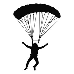 Silhouette Of Skydiver Descending With Open Parachute On White Background parachutist skydiving