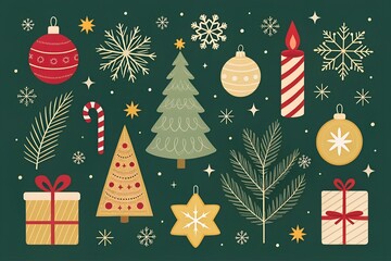 Festive christmas collection featuring ornaments trees gifts snowflakes and candles for holiday celebration