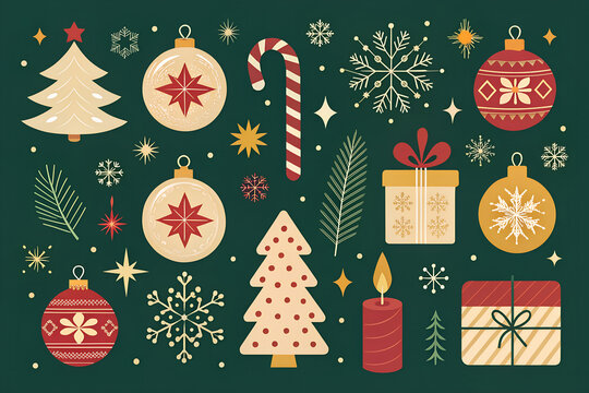 Festive christmas ornaments and decorations collection celebrating winter holidays and yuletide cheer