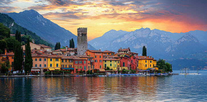 Wide-angle panoramic view of Malcesine, Italy, minimalist composition of Lake Garda&rsquo;s waters, medieval charm, and scenic natural beauty.