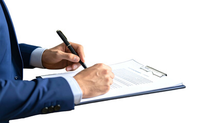 Businessperson in suit signs document on clipboard with pen, against black backdrop