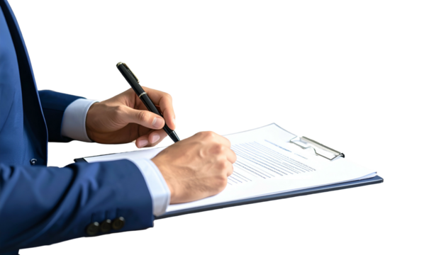 Businessperson in suit signs document on clipboard with pen, against black backdrop