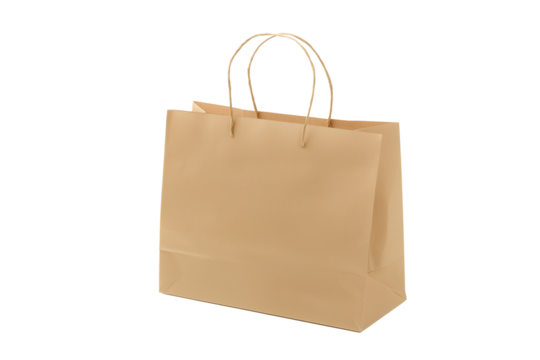 Brown paper shopping bag with twisted handles on transparent background