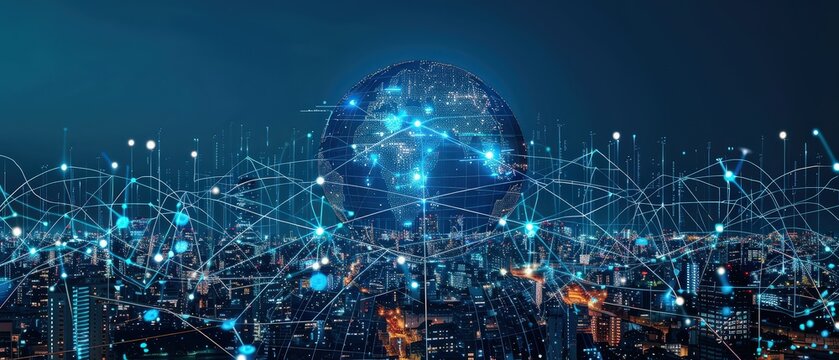 Futuristic cityscape at night with glowing holographic globe and digital data network overlay, symbolizing global communication, smart city, and high tech connection.