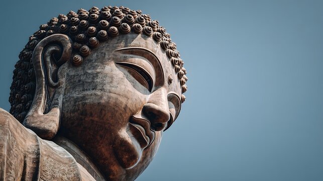 Monumental bronze sculpture depicting the serene countenance of a spiritual figure against a clear sky - Powered by Adobe