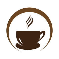 Brown coffee cup with steam inside a circular frame