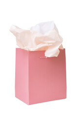 Vibrant pink gift bag with white tissue paper on transparent background