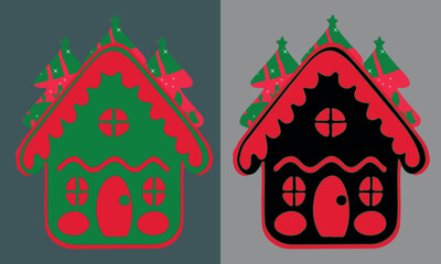 Festive Gingerbread House Design: A symmetrical artistic composition of a charming gingerbread house and Christmas tree decorations on a contrasting color background.