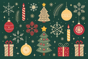 Festive christmas decorations collection including ornaments trees candles gifts and snowflakes