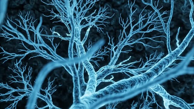 Dynamic Abstract Blue Glowing Neural Network Connections Representing Brain Activity and Data Flow in an Advanced Medical Science and Technology Background
