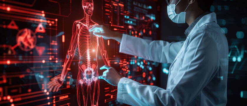 Doctor using futuristic holographic screen to study human anatomy. Concept of AI diagnostics, digital healthcare, and modern medicine technology.