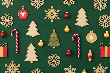 Festive christmas collection flat lay with ornaments gifts snowflakes and candy canes