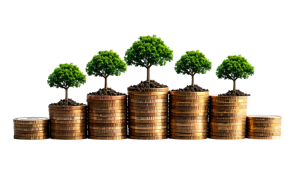 Image of trees growing from stacks of coins on a black background, symbolizing growth