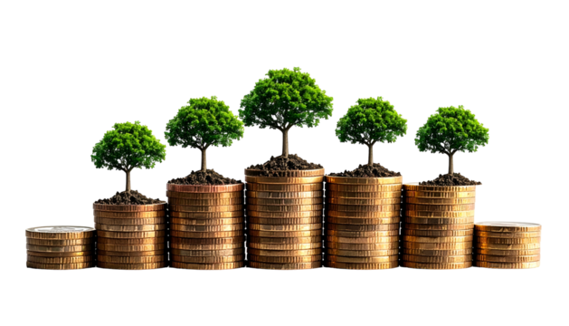Image of trees growing from stacks of coins on a black background, symbolizing growth