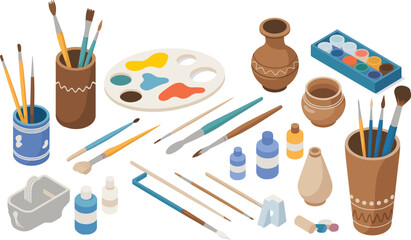 Isometric illustration of pottery making and painting tools including brushes, paint bottles, color palette, ceramic pots, and crafting equipment