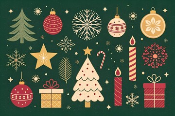 Festive christmas collection of ornaments trees gifts candles fireworks and snowflakes