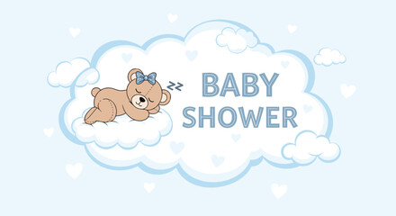 Cute baby shower invitation with sleeping teddy bear on cloud.