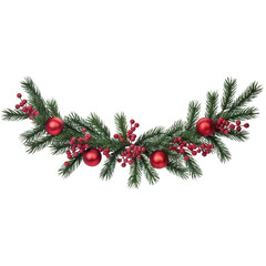 Christmas Garland of Pine Branches with Red Berries and Ornaments on Transparent Background