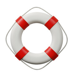 Nautical lifebuoy with red bands and coiled rope for rescue safety, isolated on white or transparent background. PNG