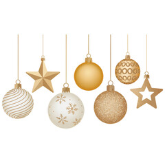 Golden Christmas Balls and Stars Ornament on Transparent Background Hanging Against Black Backdrop